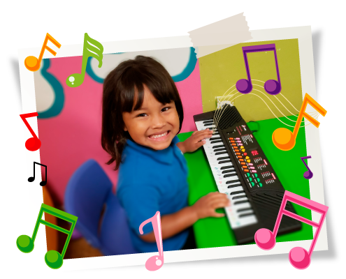 Smiling child playing a black keyboard, surrounded by colorful musical notes. The child is wearing a blue shirt.