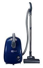 A blue vacuum cleaner with a hose attached to it on a white background.