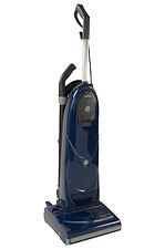 A blue vacuum cleaner is sitting on top of a white surface.
