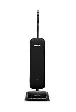A black vacuum cleaner is sitting on a white surface.