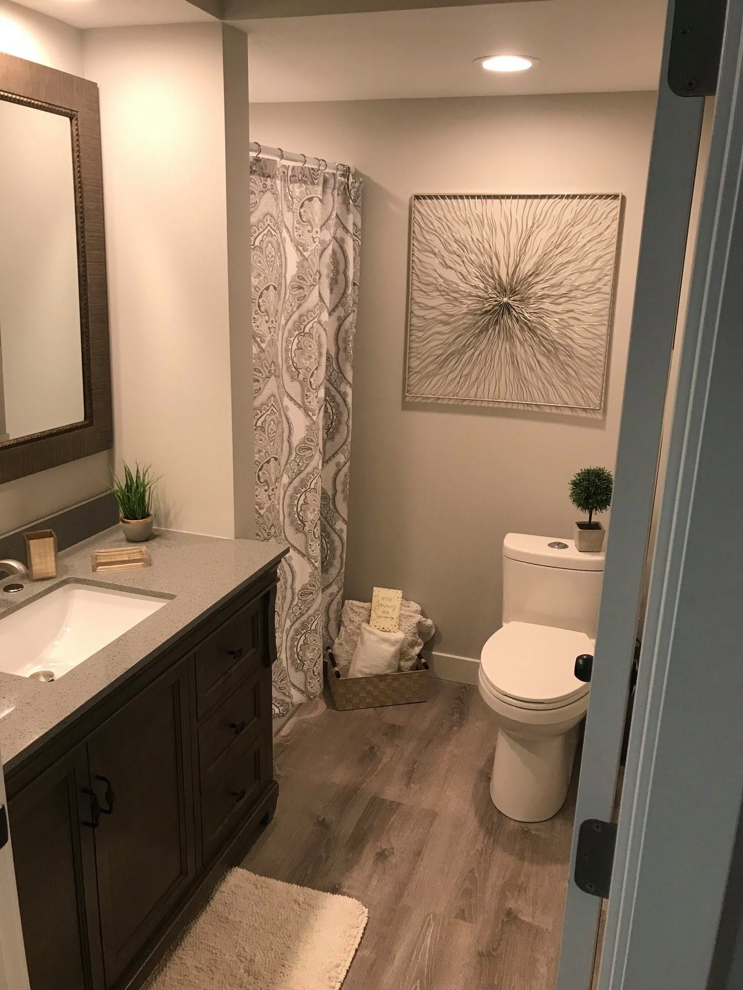 Small bathroom with vanity, toilet, gray walls, wood floor, and framed wall art.