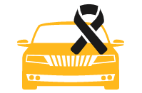 A yellow car with a black ribbon on top of it.