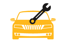 A yellow car with a wrench on the hood.