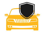 A yellow car with a black shield on top of it.
