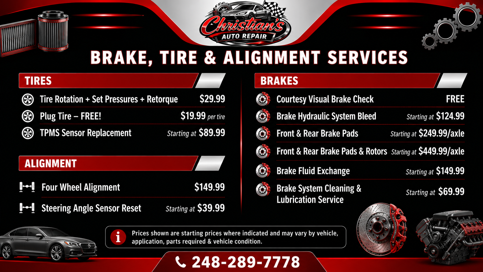 Brake, Tire & Alignment Services Pricing | Christian's Auto Repair