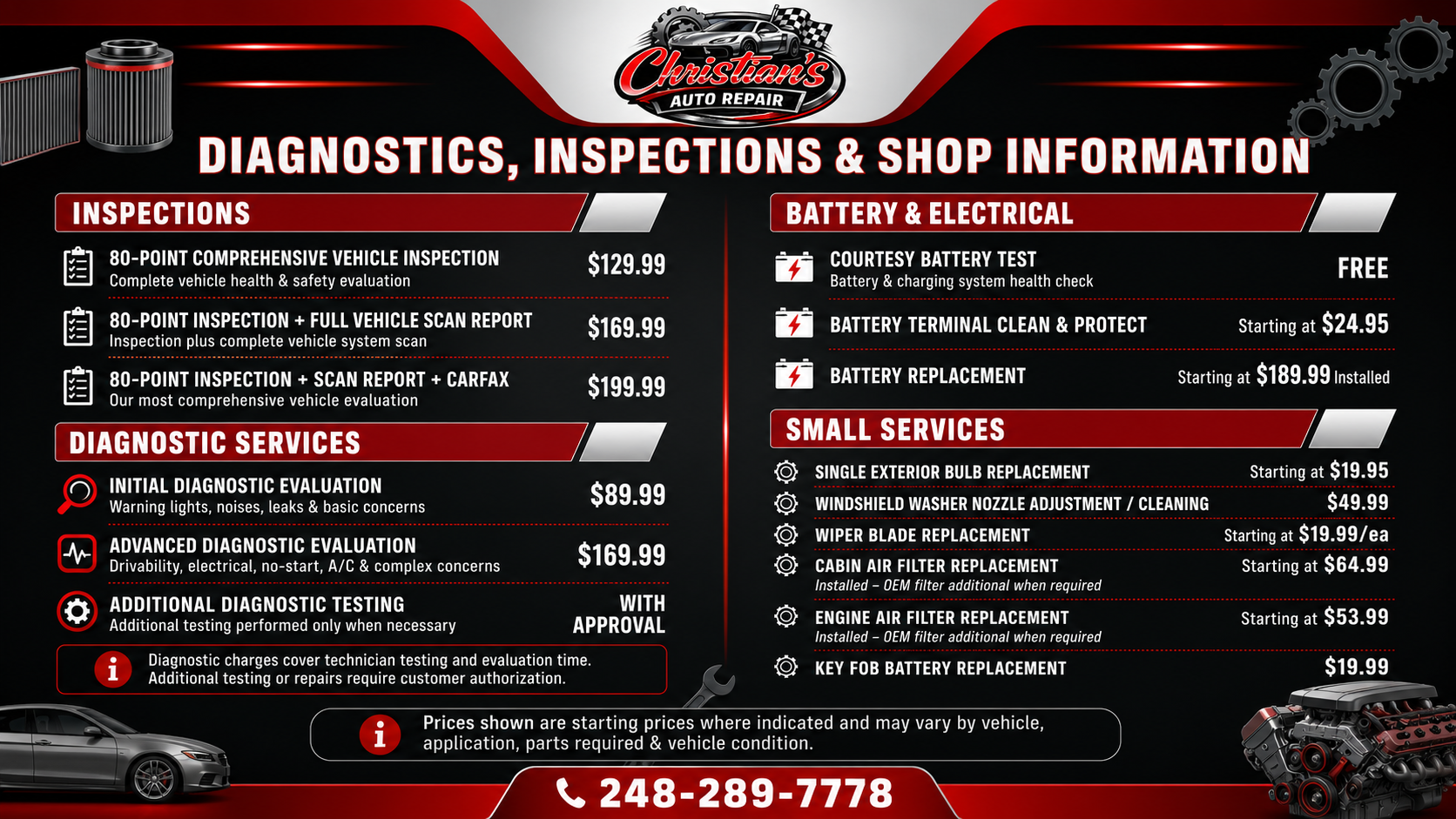 Diagnostics, Inspections & Shop Information Pricing | Christian's Auto Repair