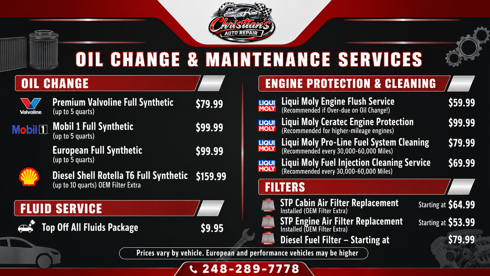 Oil Change & Maintenance Services Pricing | Christian's Auto Repair