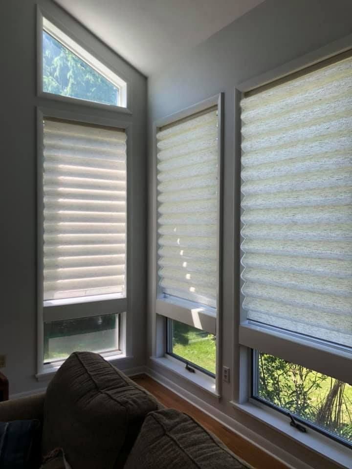 A living room with a couch and two windows with blinds on them.