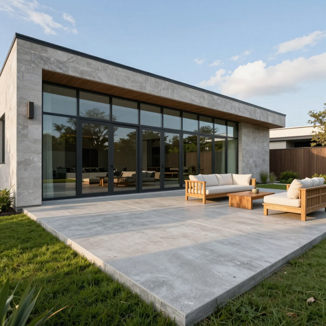 Modern house patio with large glass doors, concrete terrace, and outdoor seating on a grassy lawn