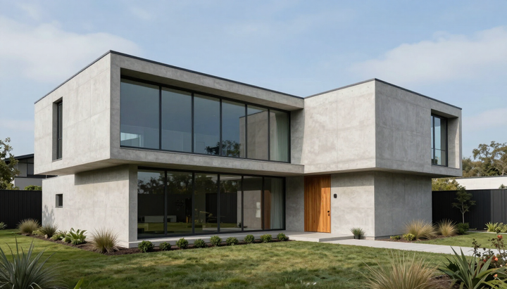 Modern two-story concrete house with large windows, wood door, and landscaped yard