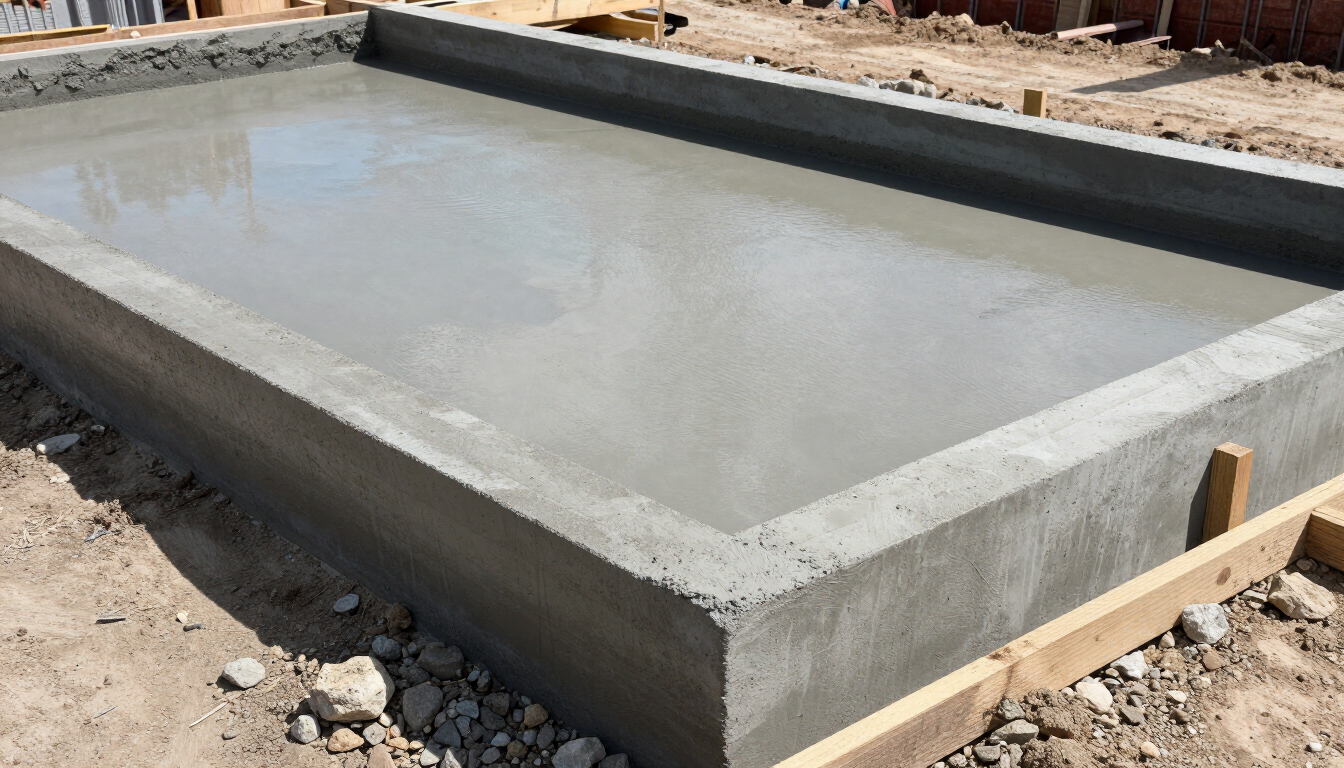 Concrete foundation slab under construction on a dirt lot, framed with wooden boards.