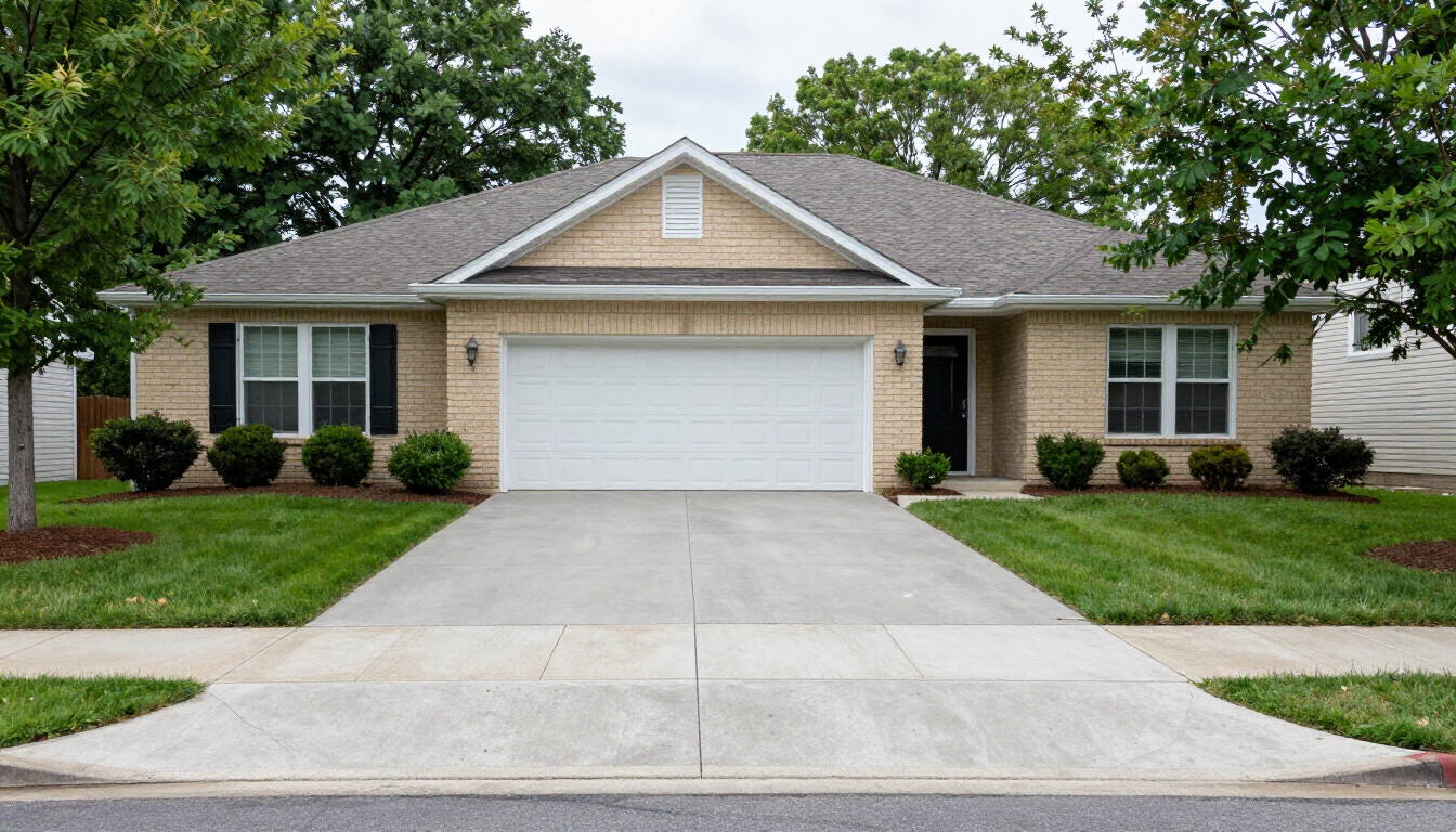 Suburban house with a two-car garage and a wide concrete driveway, framed by green trees and shrubs