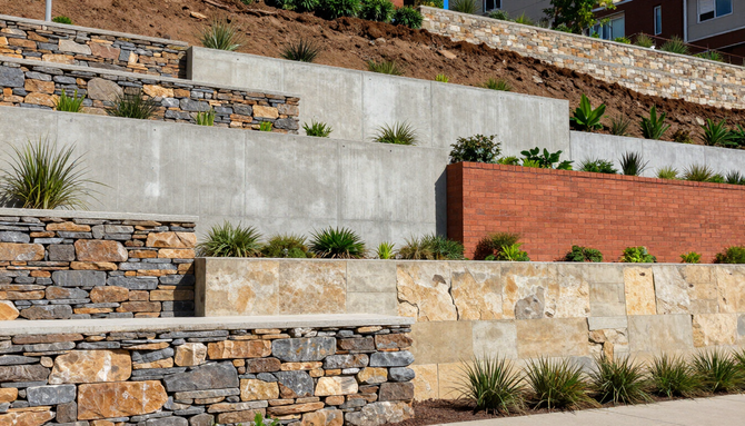 Terraced garden retaining walls of stone, concrete, and brick with small shrubs and plants