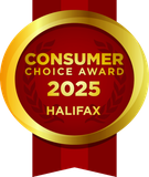 Gold award ribbon badge reading “Consumer Choice Award 2025 Halifax” on a red background