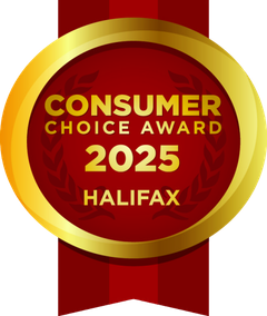 Gold award ribbon badge reading “Consumer Choice Award 2025 Halifax” on a red background