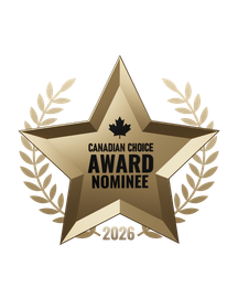 Gold star award emblem with laurel wreaths reading “Canadian Choice Award Nominee 2026”