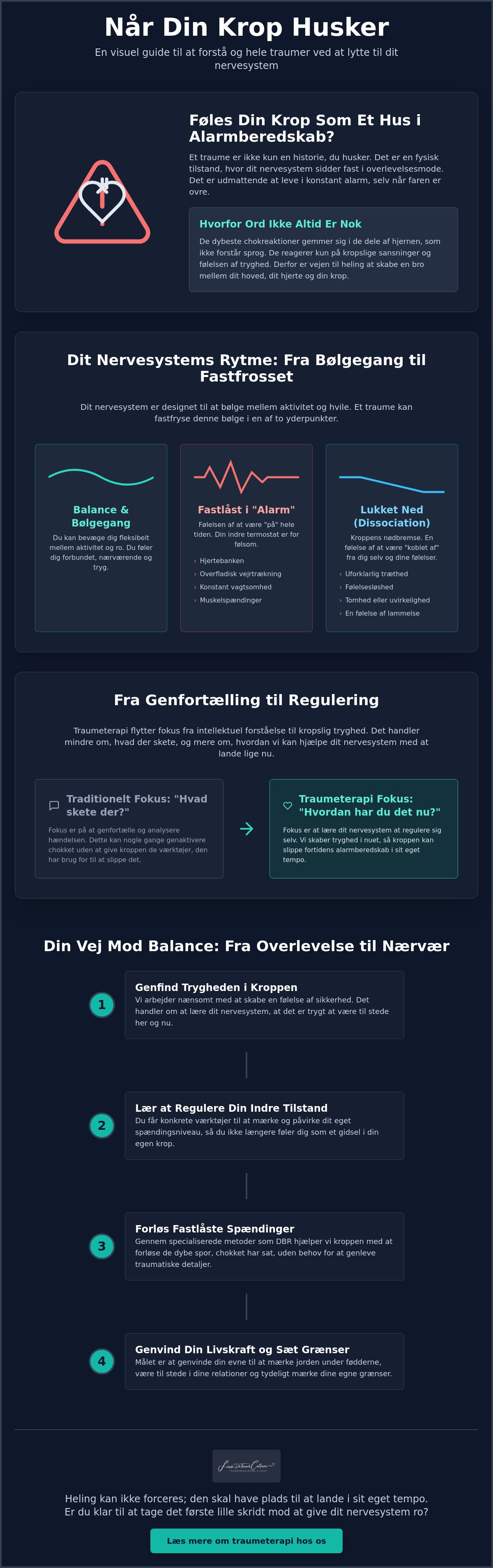 Infografikplakat med mørkt tema med flere tekstsektioner, et advarselstrekantikon, diagrammer og punktopstilling.