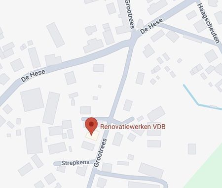 Google Maps openen Een kaart met een rode locatieaanduiding voor Renovatiewerken VDB in de Grootreesstraat, vlakbij de kruising met De Hese.