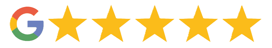 Het Google-logo, gevolgd door vijf gouden sterren die een vijfsterrenbeoordeling aangeven.