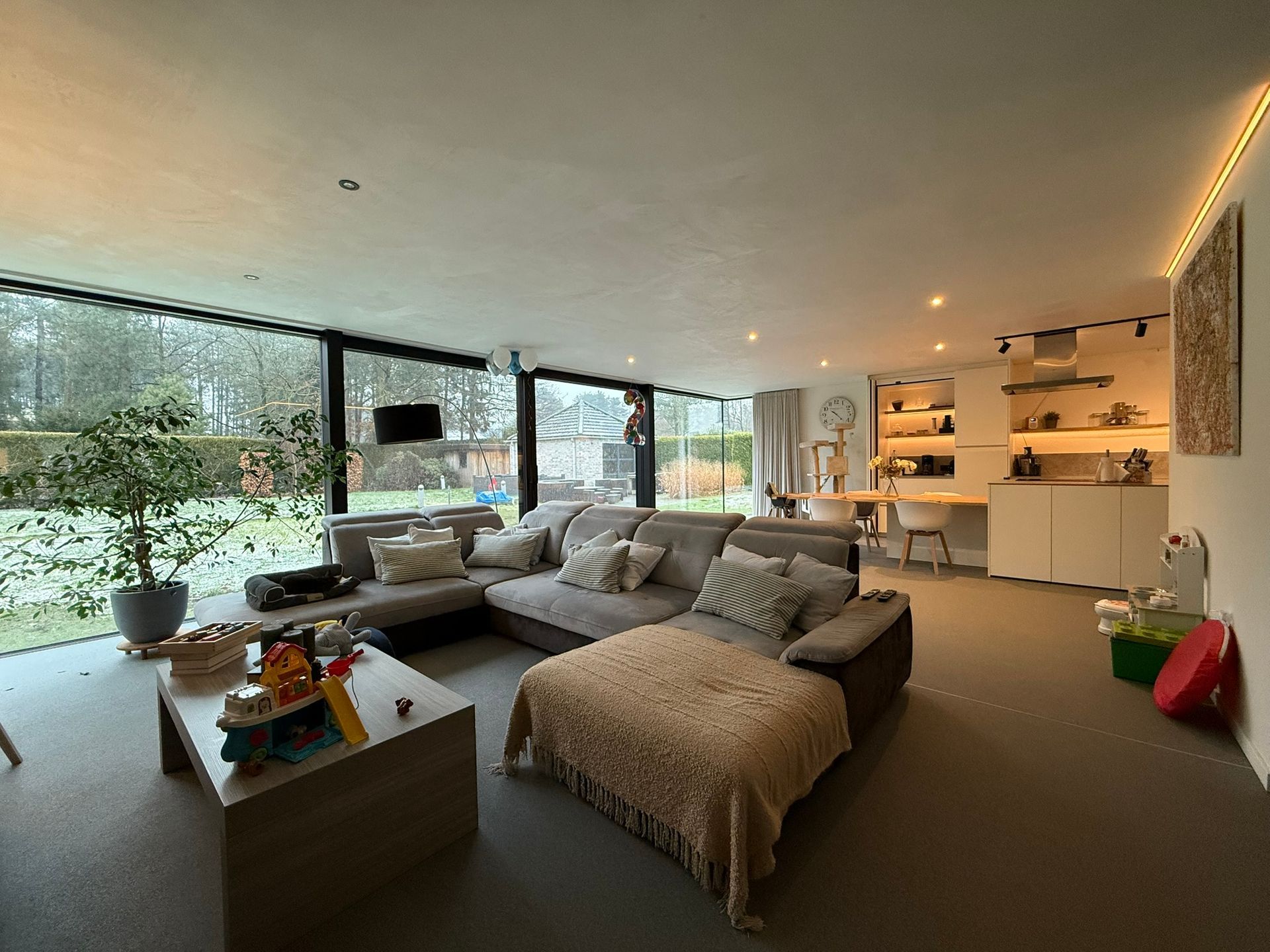 Ruime, moderne woonkamer met grote ramen, grijze hoekbank en uitzicht naar buiten.