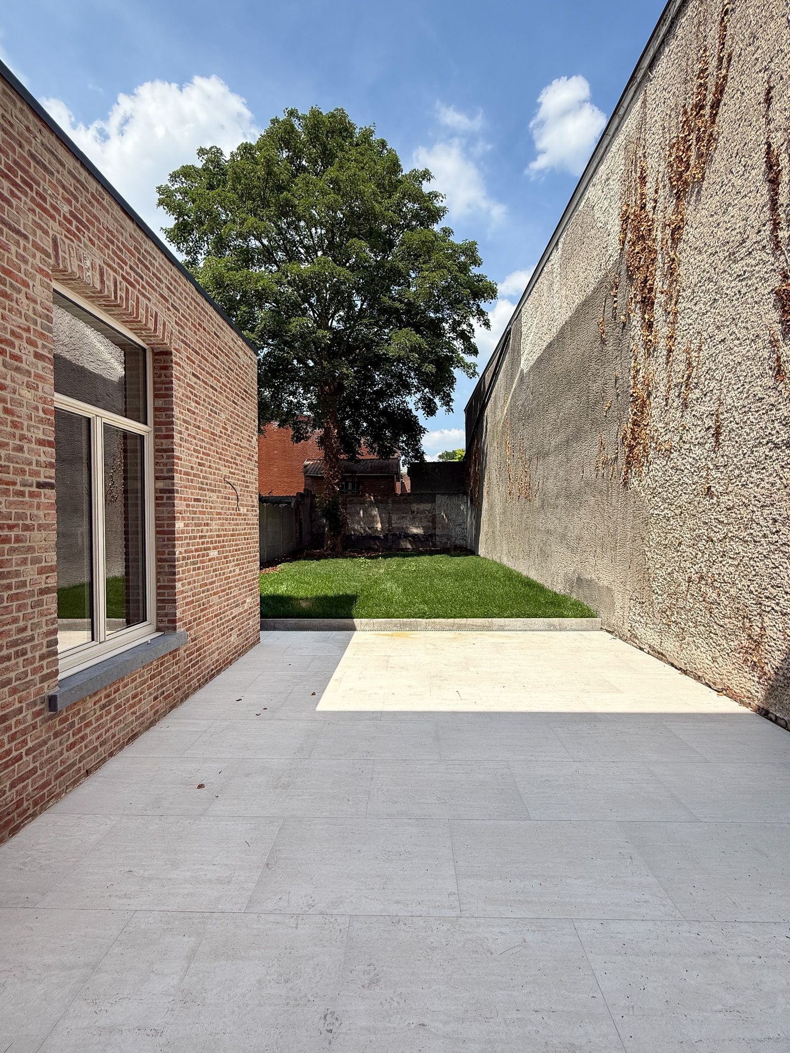 Bakstenen gebouwen flankeren een betonnen pad dat naar een grasveld leidt met een boom onder een blauwe lucht.