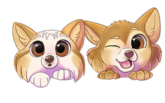 Two cartoon dogs are sitting next to each other on a white background. Two cartoon dogs are sitting next to each other on a white background.