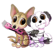 A chihuahua and a shih tzu are tied up with a pink clipper. A chihuahua and a shih tzu are tied up with a pink clipper.