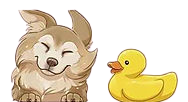 A dog and a rubber duck are standing next to each other on a white background.