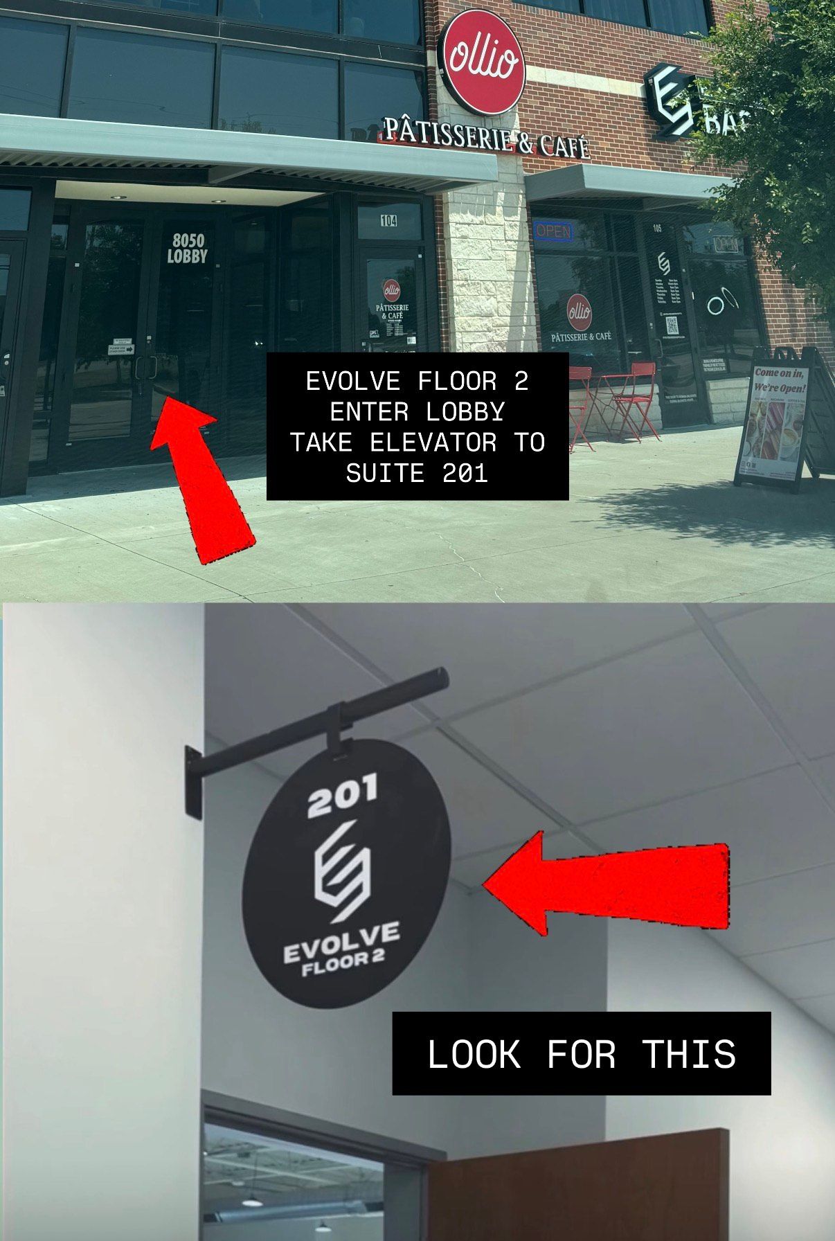 Storefront with red arrows highlighting the entrance and a circular “Evolve” sign marked 201.