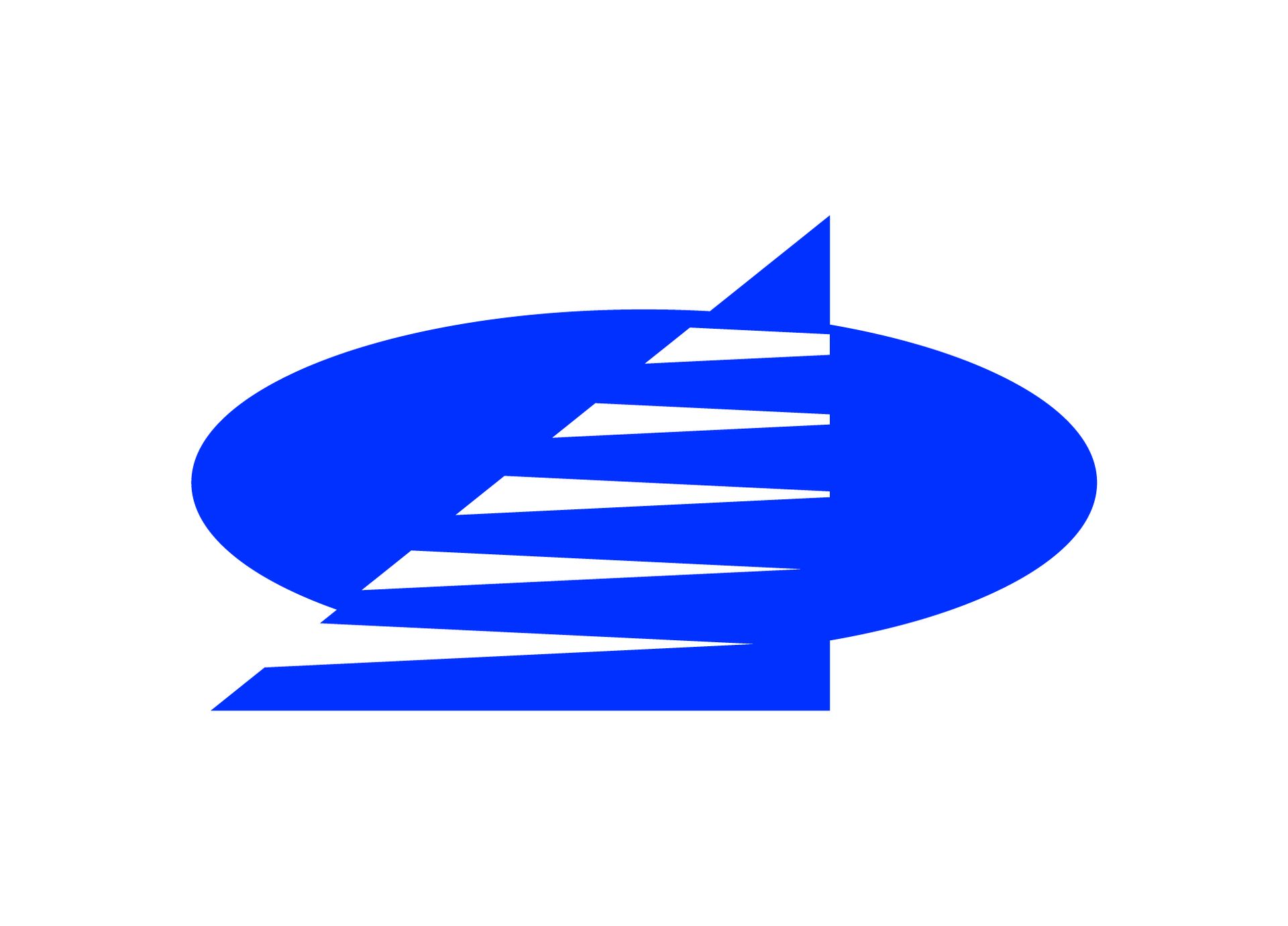 Blue logo: an oval with a stylized design resembling a stack of stairs and a triangle on the right side.
