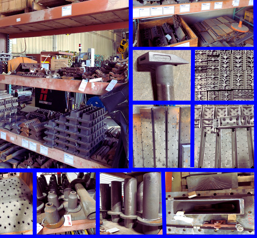 A collage showcasing various heavy metal industrial parts, components, and tools stored on shelves in a warehouse setting.
