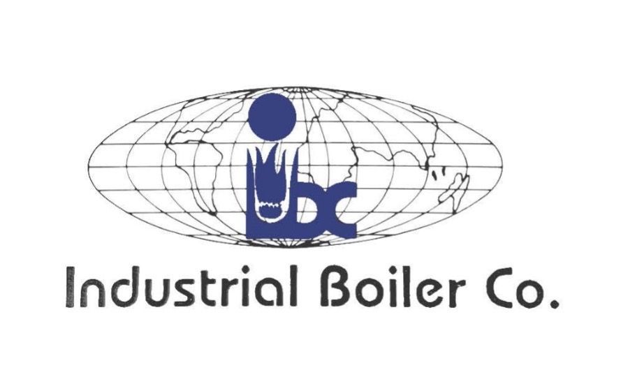 Logo of Industrial Boiler Co. with a blue flame-like symbol inside a world map outline. Text reads 