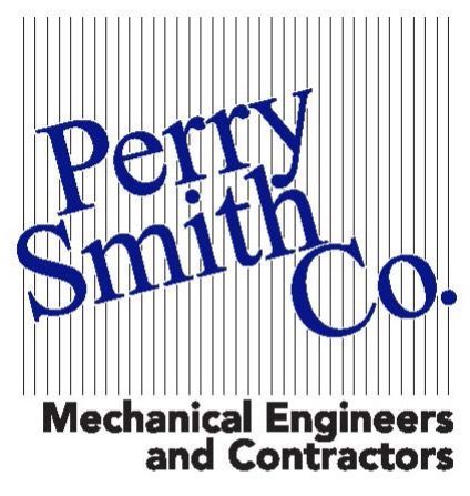 Logo for Perry Smith Co., Mechanical Engineers and Contractors; blue text on a striped background.