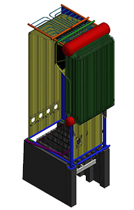 Cutaway view of an industrial boiler; green, red, and blue components.