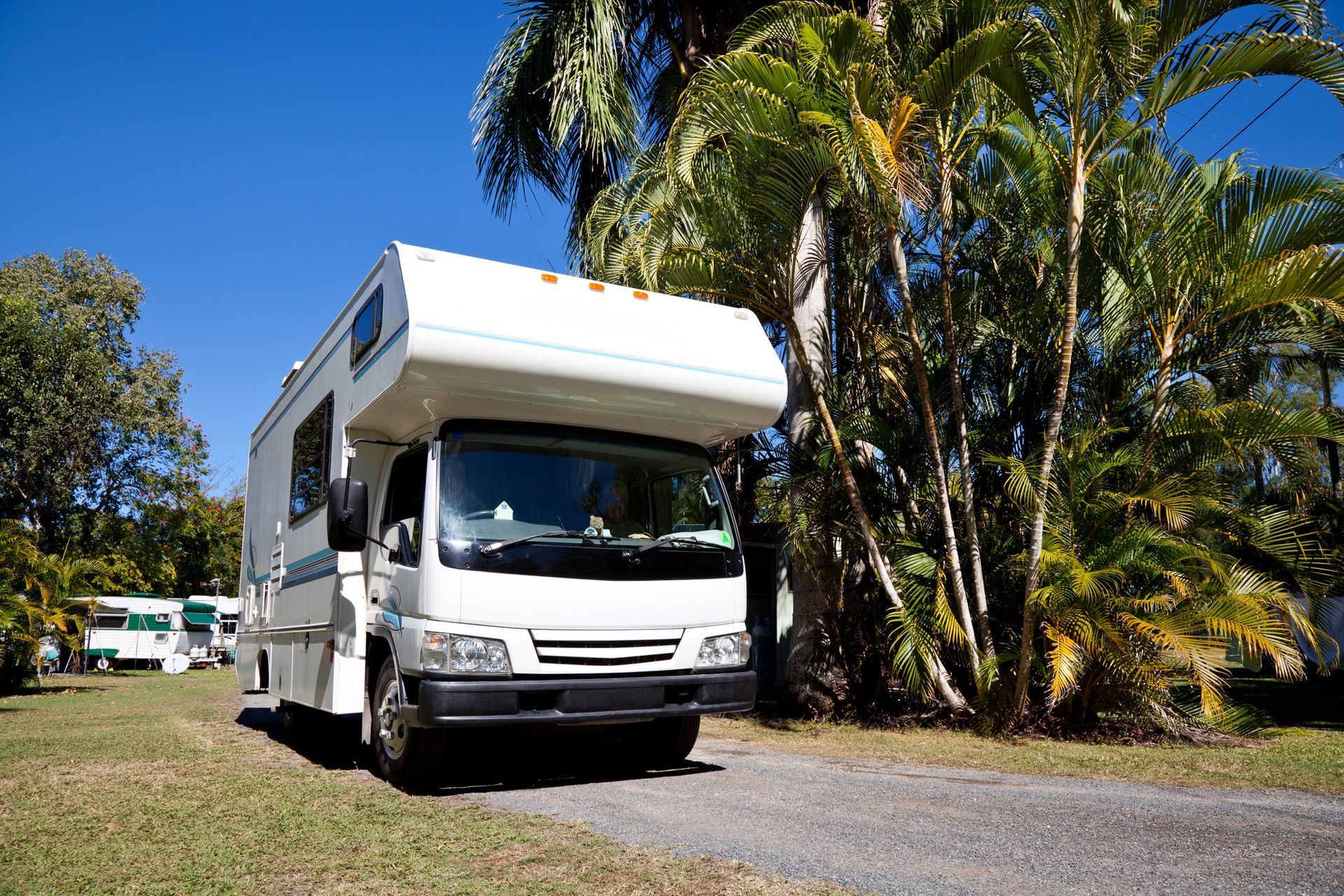 A white rv is parked in a grassy area surrounded by palm trees.
