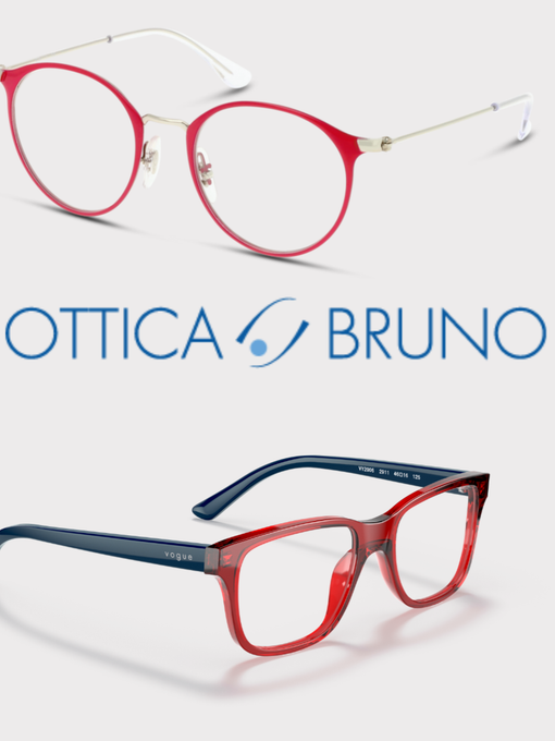 Occhiali da vista rossi e blu con logo Ottica Bruno su sfondo bianco.