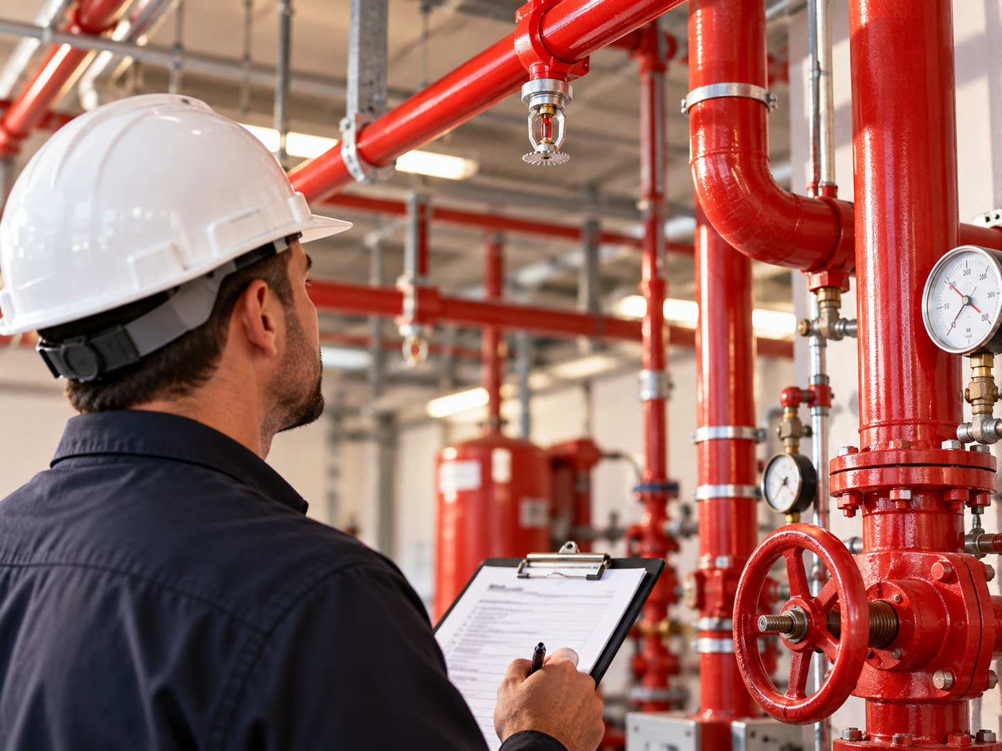Red fire sprinkler pipes and heads across the ceiling of an empty commercial building.