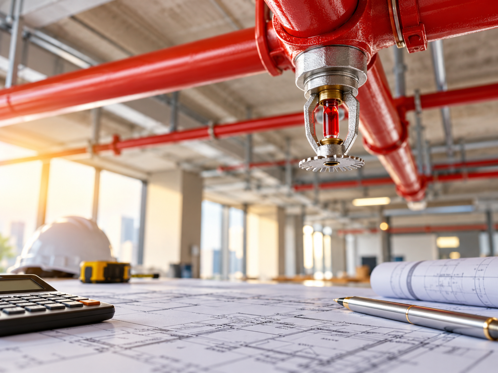 Red fire sprinkler over architectural blueprints on a construction site with a calculator and pen