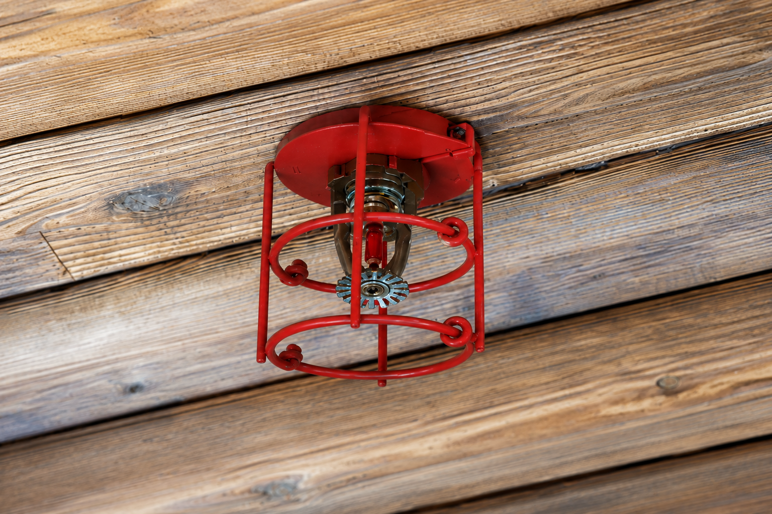 Red metal firehead guard light fixture mounted over fire sprinkler on wood planks.