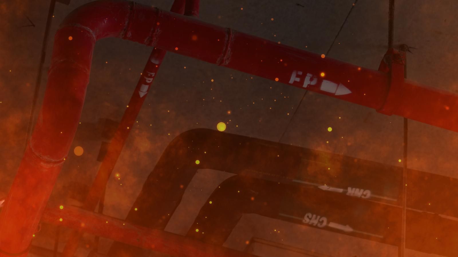 Abstract red and orange industrial graphics with angled lines and faint white labels.
