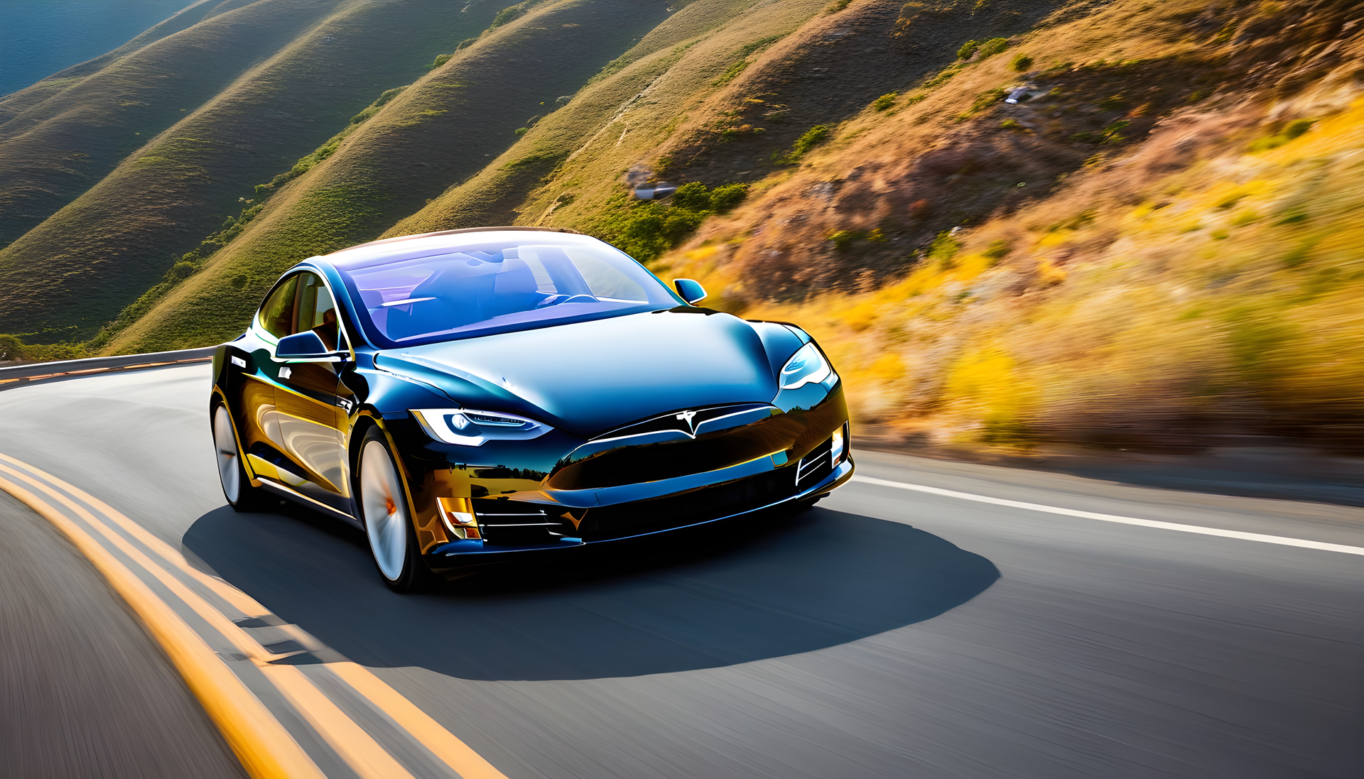 Black Tesla sedan driving on a winding road with mountains in the background. Sunny day. Ceramic coating opti-coat pro+