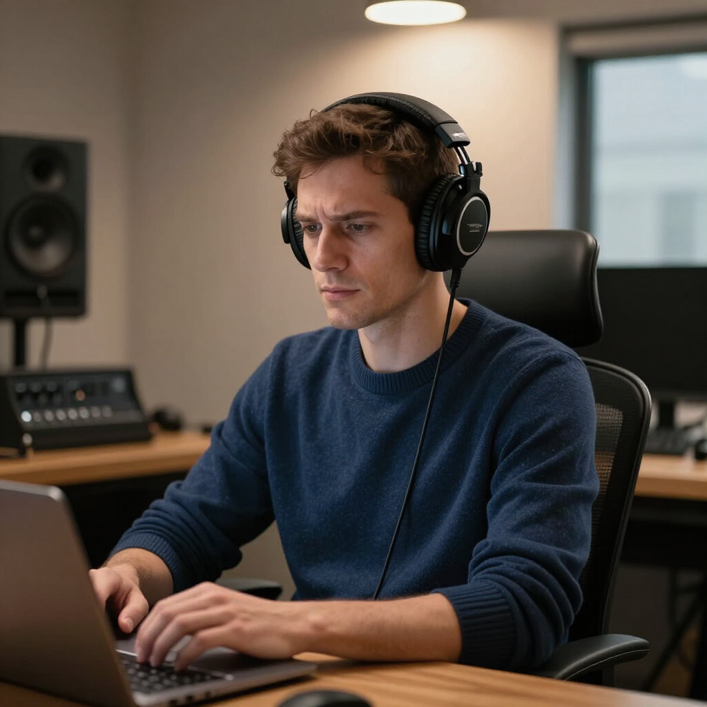 Man wearing headphones types on a laptop in a recording studio with speakers and warm lighting