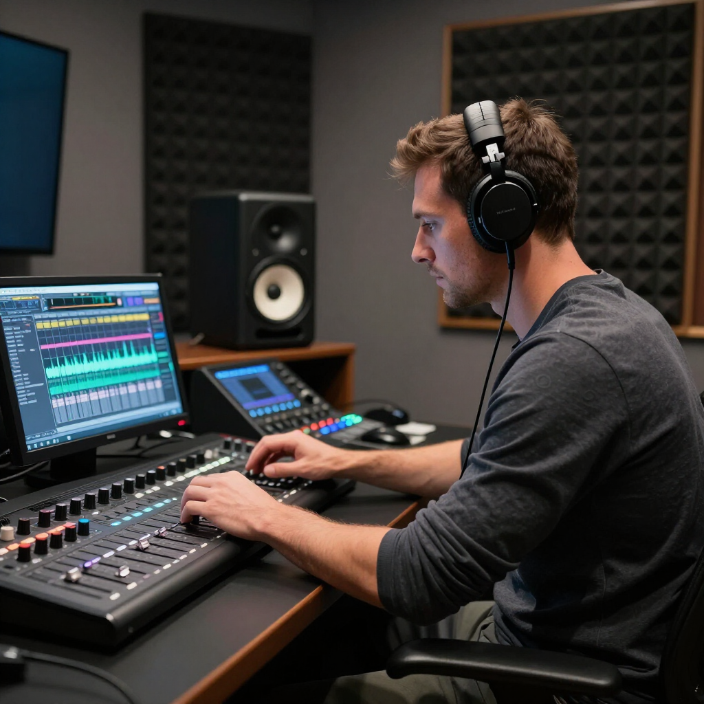 Audio engineer mixing tracks at a studio console, wearing headphones and adjusting controls on a computer screen display.