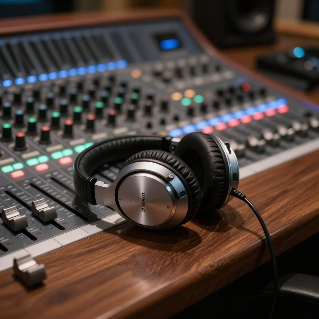 Black headphones on a wooden desk in front of a lit audio mixing console