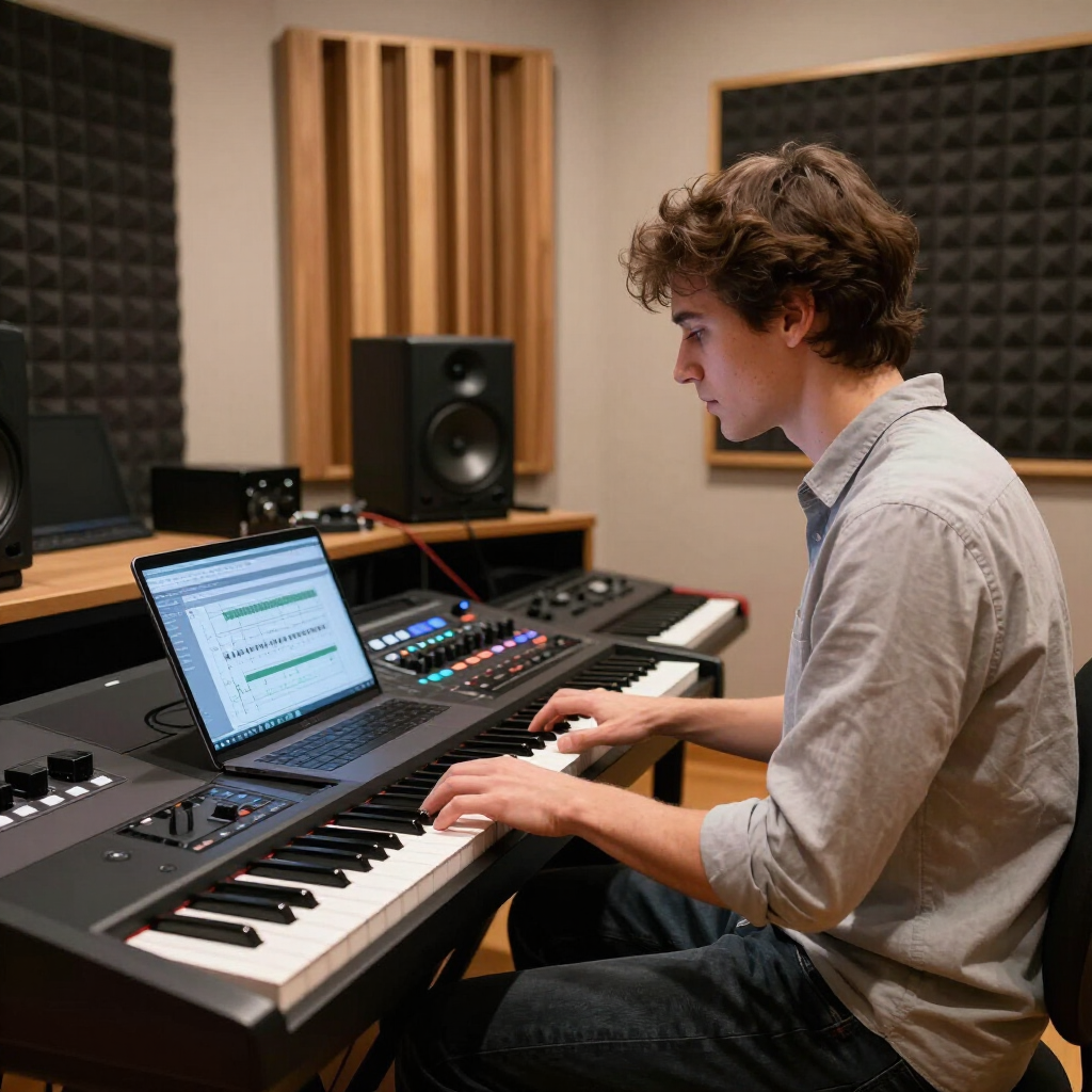 Musician playing an electronic keyboard in a recording studio with a laptop and speakers