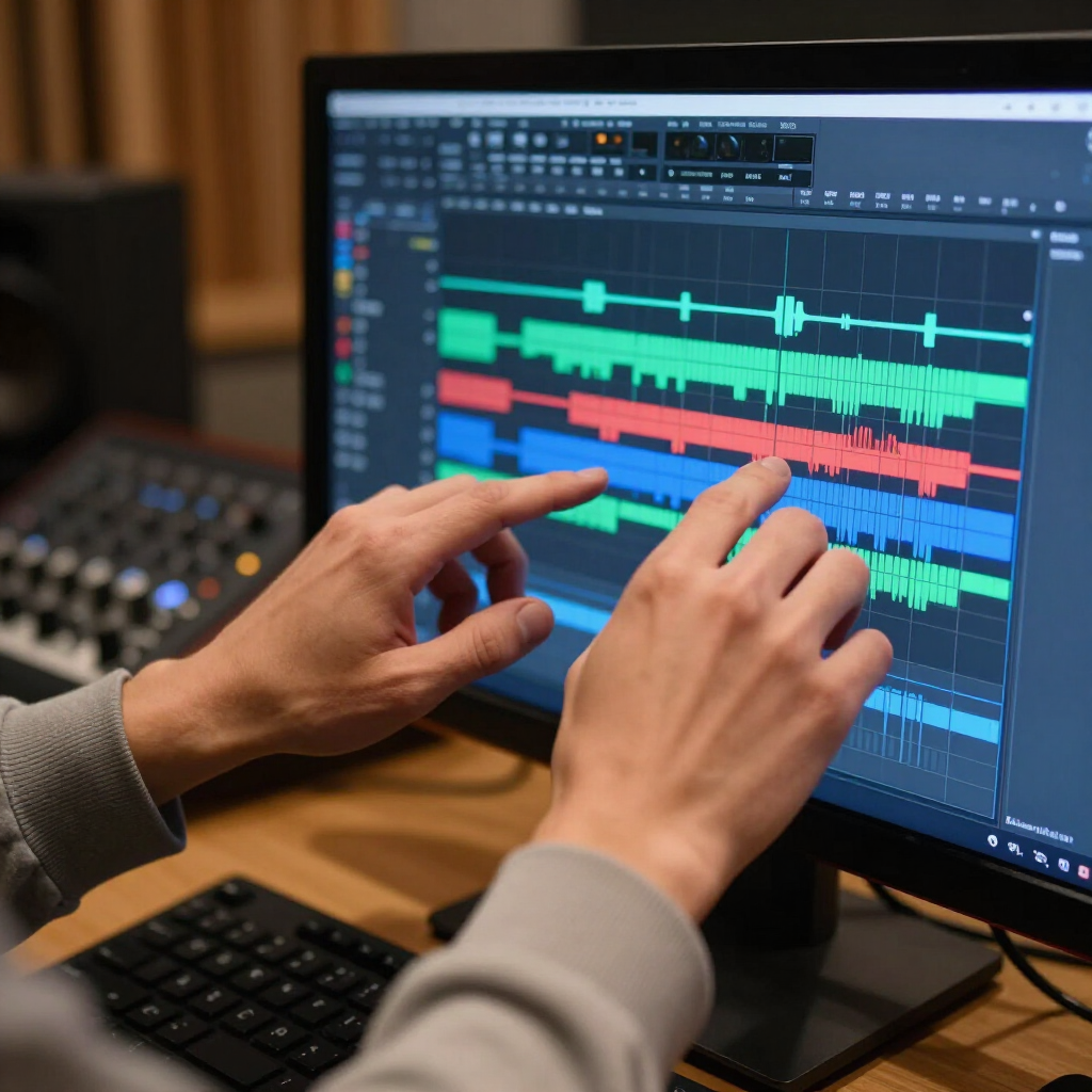 Hands adjusting audio tracks on a monitor in a music editing studio, with colorful waveforms displayed.