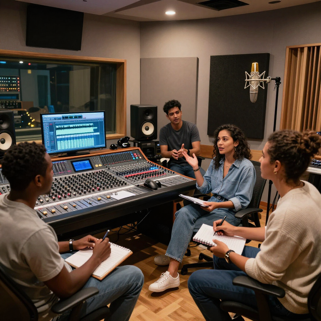 Three people in a recording studio reviewing audio on a mixing console and monitor.