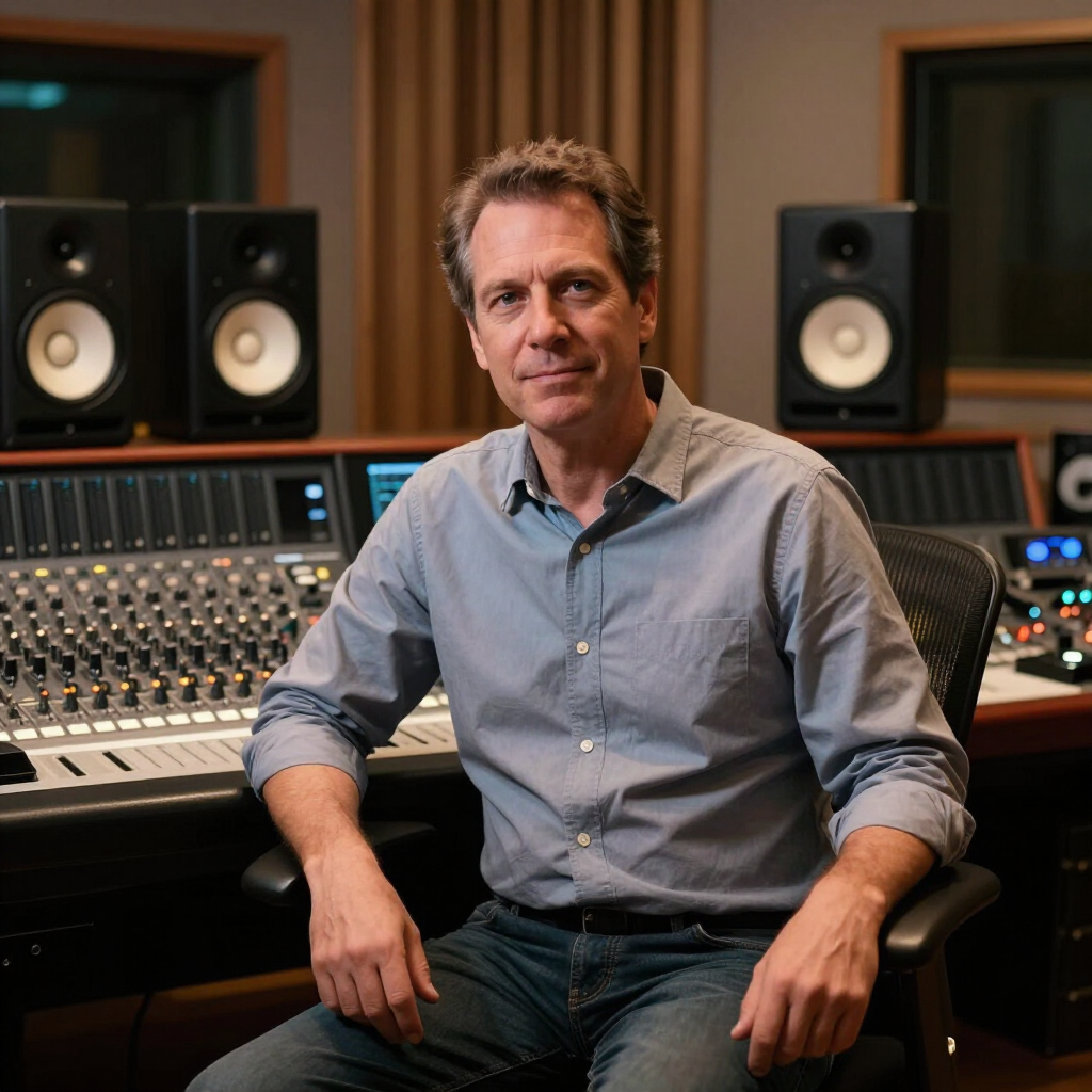 Man seated in a recording studio at a mixing console with studio monitors behind him