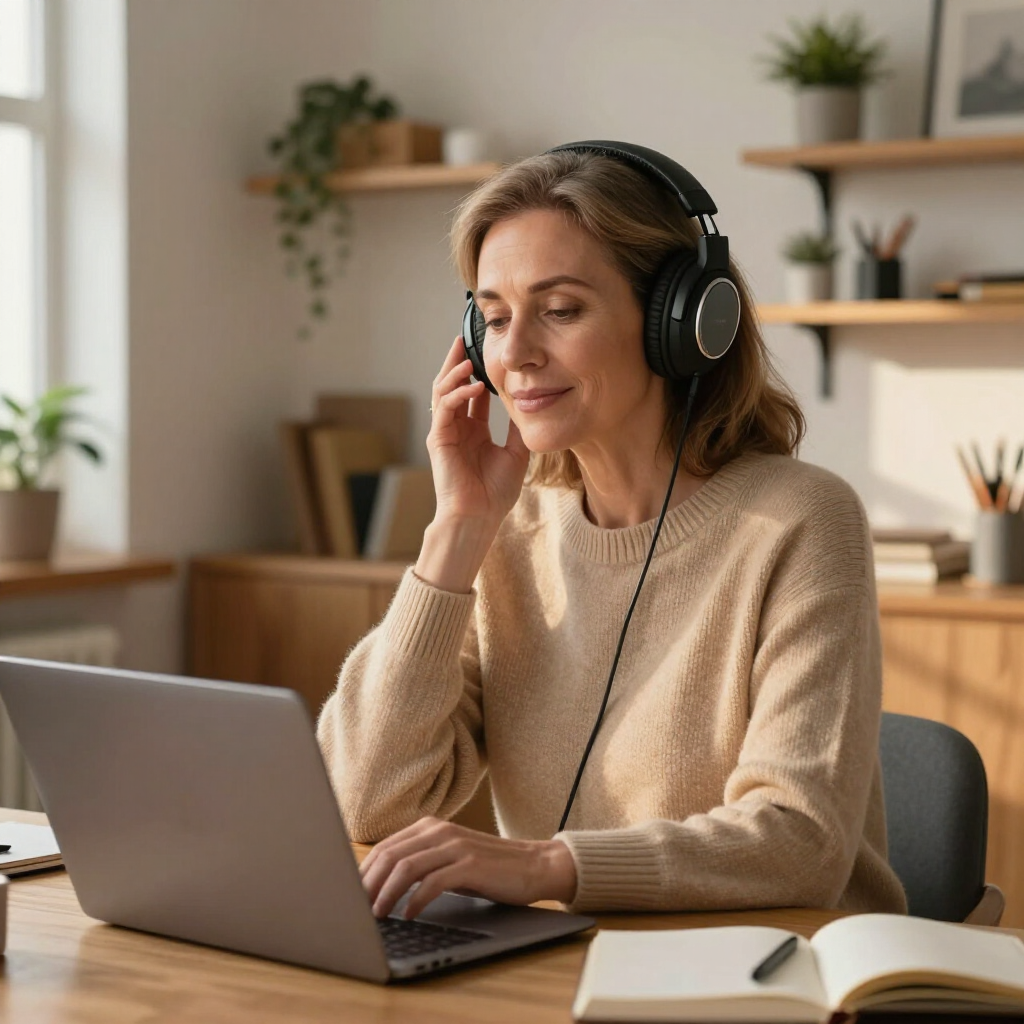 Person wearing headphones works on a laptop at a desk in a cozy home office