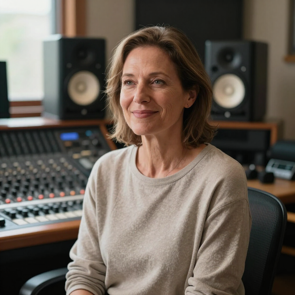 Woman seated in a recording studio, smiling beside a mixing console and speakers